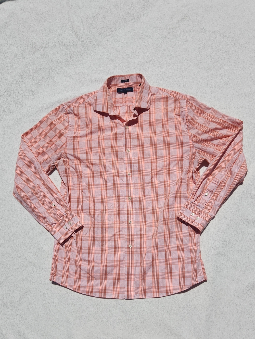 Tommy Hilfiger Men's Slim Fit Coral Plaid Long Sleeve Button Down Shirt 16 32-33